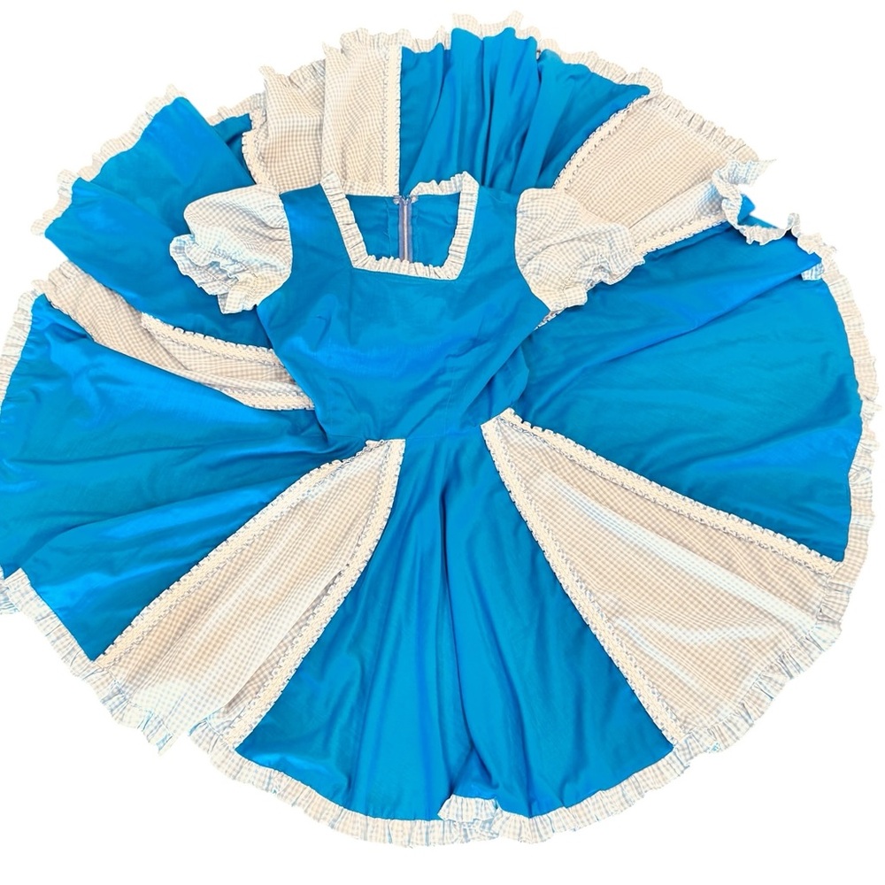 Vintage 70s Blue Gingham Square Dance Full Circle Rockabilly Western Dress M/L